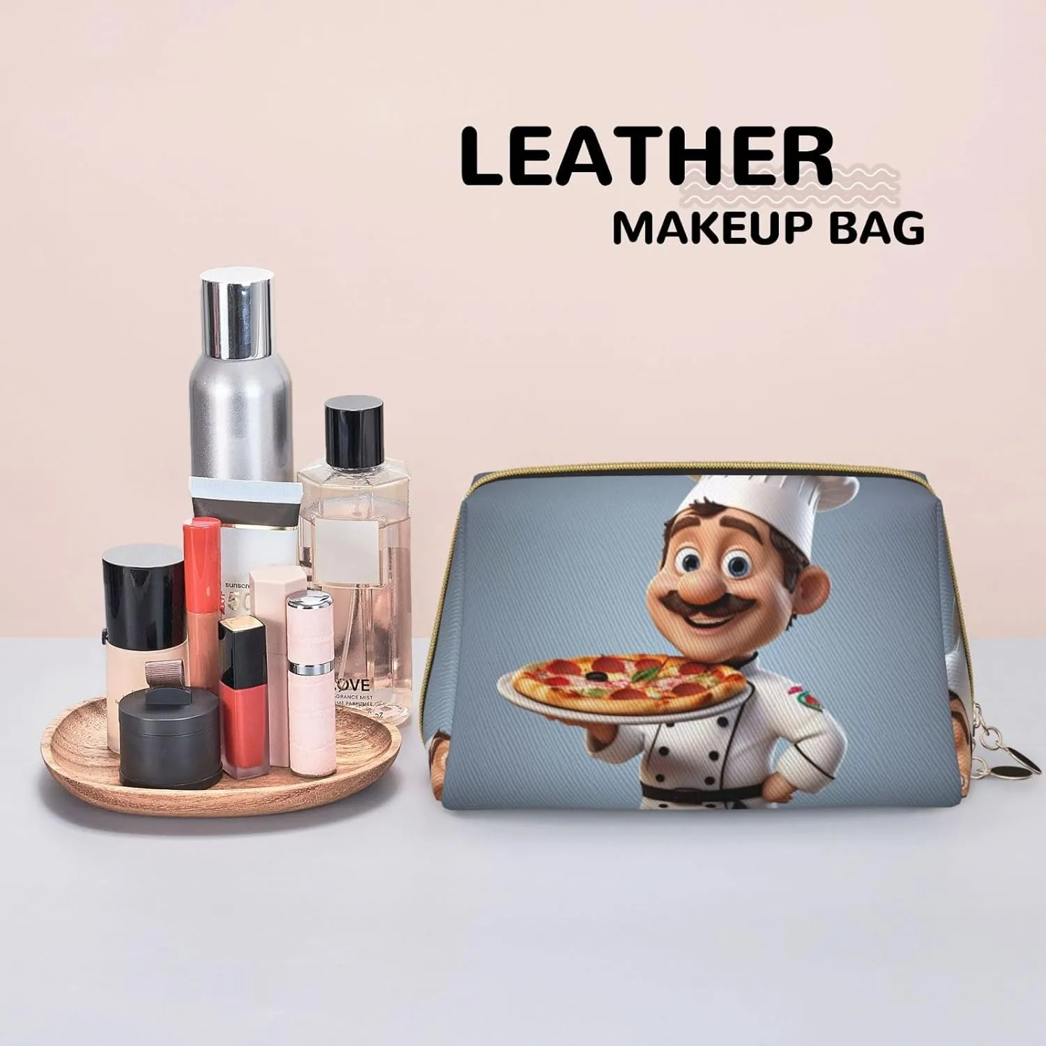 Chef Pizza Printed Small Makeup Bag,Travel Cosmetic Bag Purse with Zipper,Water-resistant Makeup Organizer Bag for Women