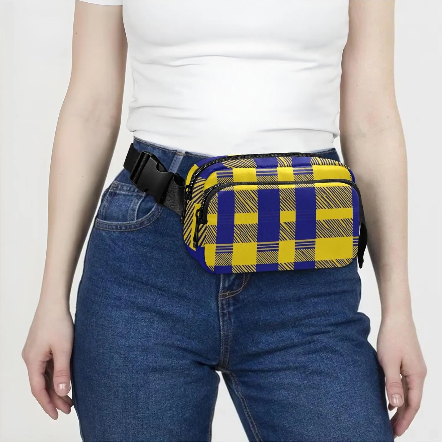 Chest Belt Bum Bag for Men Women Buffalo Plaid Check Yellow Royal Blue Fanny Pack Crossbody Sling Bags Large Capacity Travel Passport Wallet for Cycling Hiking Gym