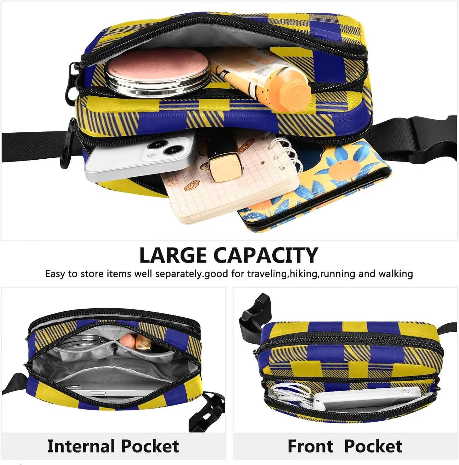 Chest Belt Bum Bag for Men Women Buffalo Plaid Check Yellow Royal Blue Fanny Pack Crossbody Sling Bags Large Capacity Travel Passport Wallet for Cycling Hiking Gym