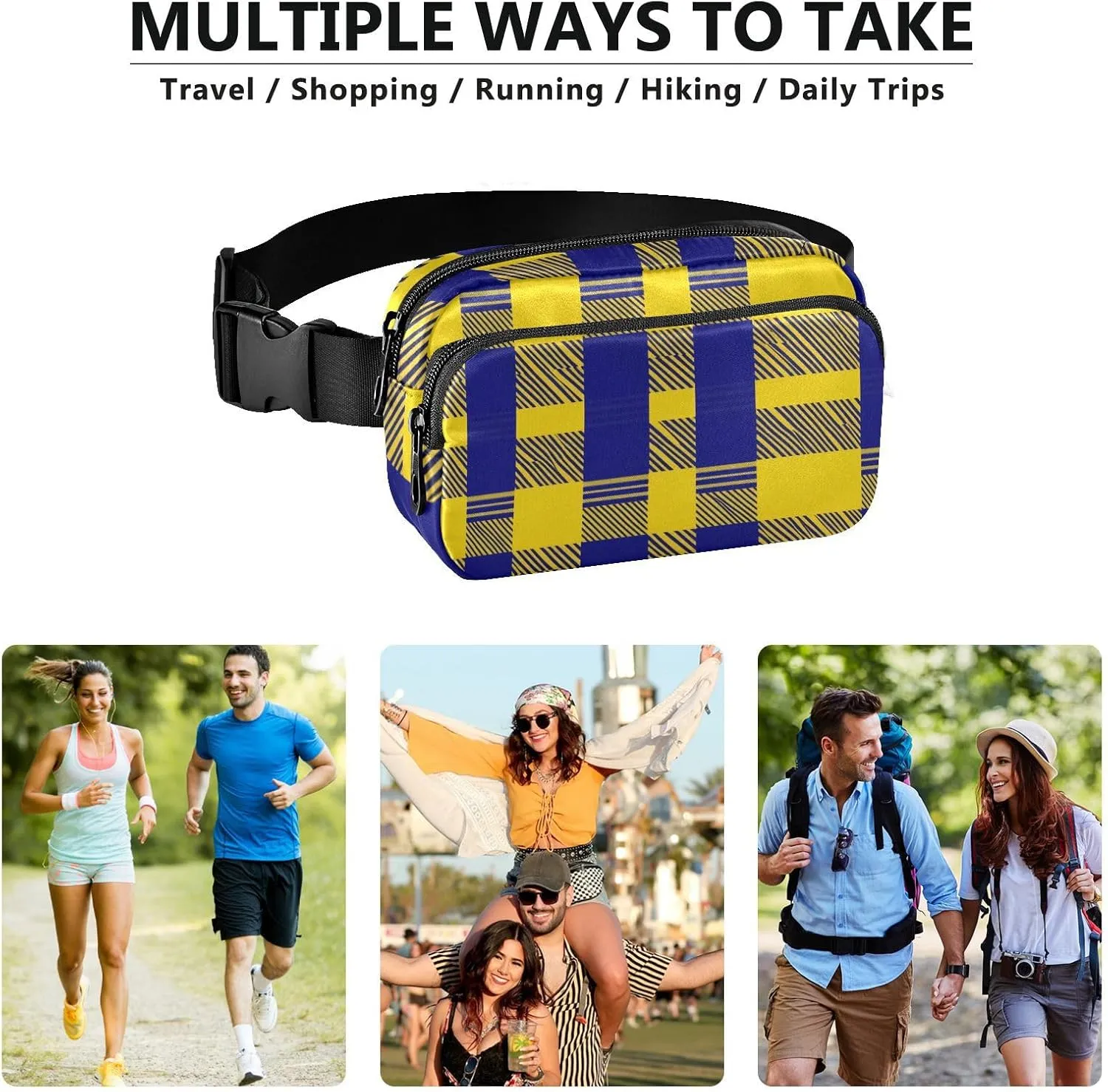 Chest Belt Bum Bag for Men Women Buffalo Plaid Check Yellow Royal Blue Fanny Pack Crossbody Sling Bags Large Capacity Travel Passport Wallet for Cycling Hiking Gym