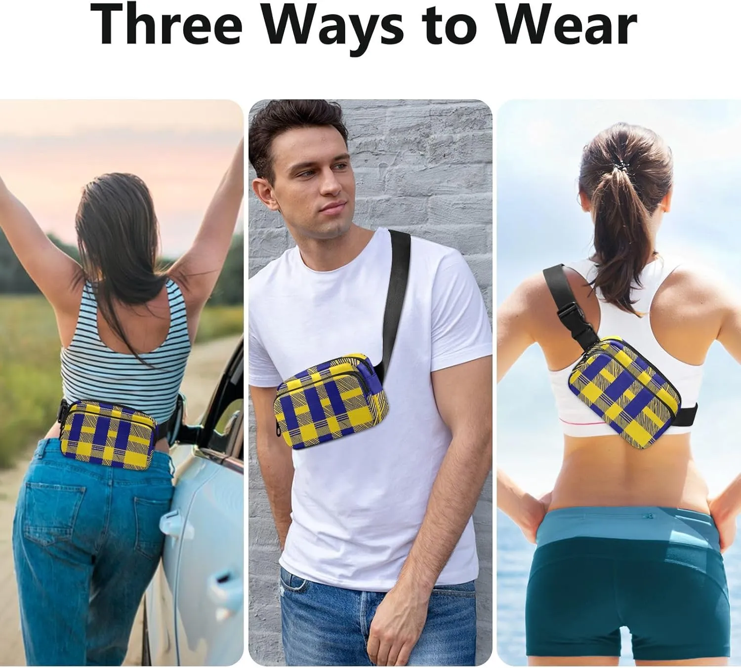 Chest Belt Bum Bag for Men Women Buffalo Plaid Check Yellow Royal Blue Fanny Pack Crossbody Sling Bags Large Capacity Travel Passport Wallet for Cycling Hiking Gym