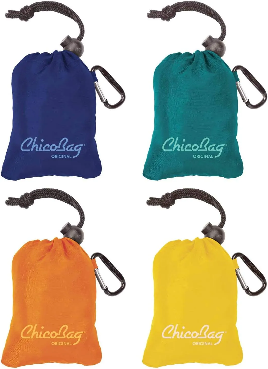 ChicoBag Original Compact Reusable Grocery Bag w/Attached Pouch and Carabiner Clip | Eco-Conscious Packable Tote | Variety 4pk - Mazarine, Aqua, Orange Peel, & Yellow (Pack of 4)