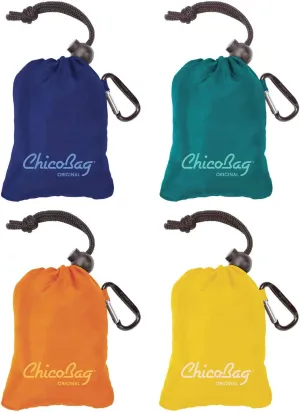 ChicoBag Original Compact Reusable Grocery Bag w/Attached Pouch and Carabiner Clip | Eco-Conscious Packable Tote | Variety 4pk - Mazarine, Aqua, Orange Peel, & Yellow (Pack of 4)