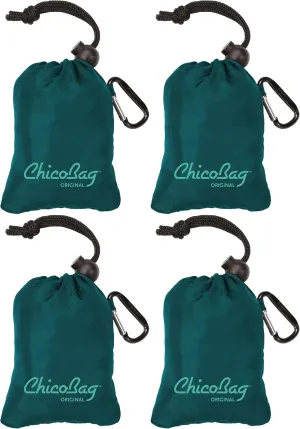 ChicoBag Original Compact Reusable Grocery Bag w/Attached Pouch and Carabiner Clip | Perfect for Shopping, Travel, Organization | Eco-Conscious Packable Tote | Aqua (Pack of 4)