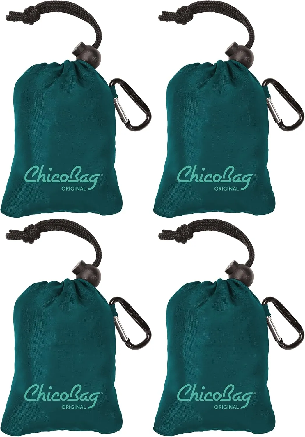 ChicoBag Original Compact Reusable Grocery Bag w/Attached Pouch and Carabiner Clip | Perfect for Shopping, Travel, Organization | Eco-Conscious Packable Tote | Aqua (Pack of 4)