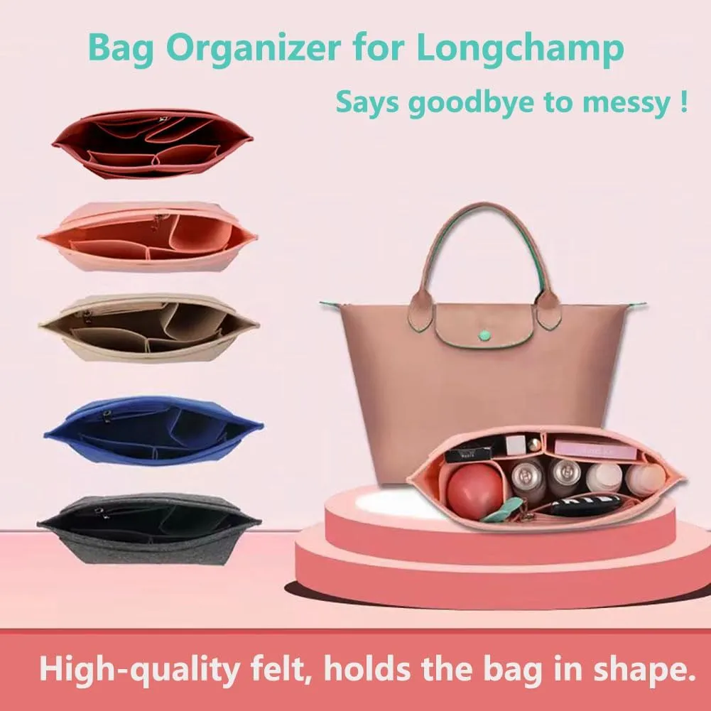 Chispee Felt Bag Organizer for Longchamp Le Pliage, Purse Insert with Pockets, Tote Shaper for Women's Handbag, Durable Handbag Organizer (Medium, Black)