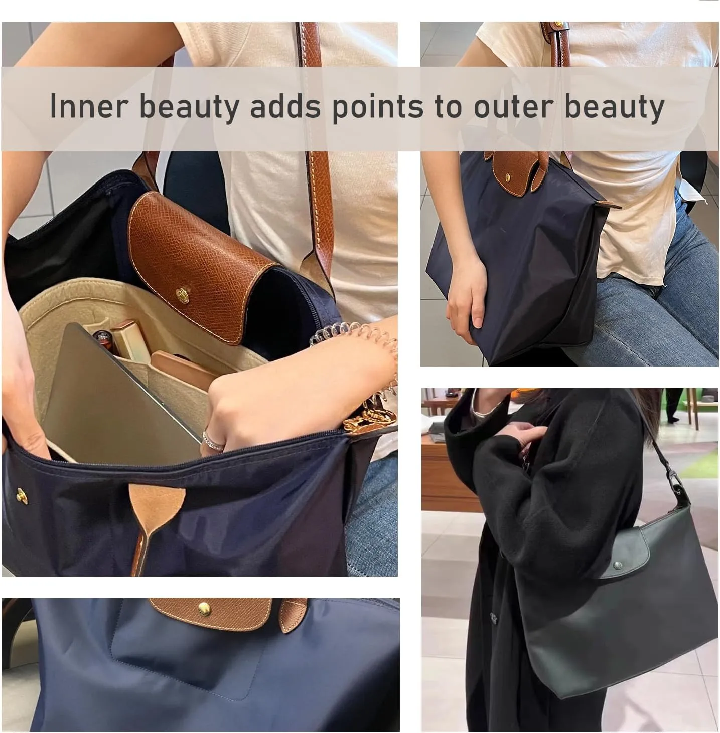 Chispee Handbag Organizers for Longchamp Felt Purse Divider Organizer Insert Pocket & Zipper Inner Bag Liner fit Large, Dark Brown