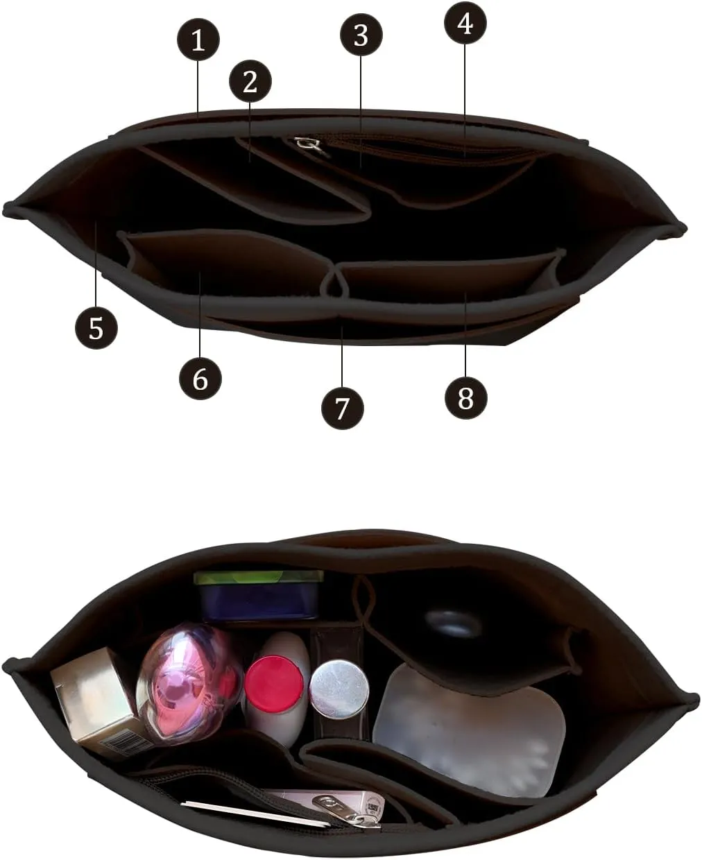 Chispee Handbag Organizers for Longchamp Felt Purse Divider Organizer Insert Pocket & Zipper Inner Bag Liner fit Large, Dark Brown
