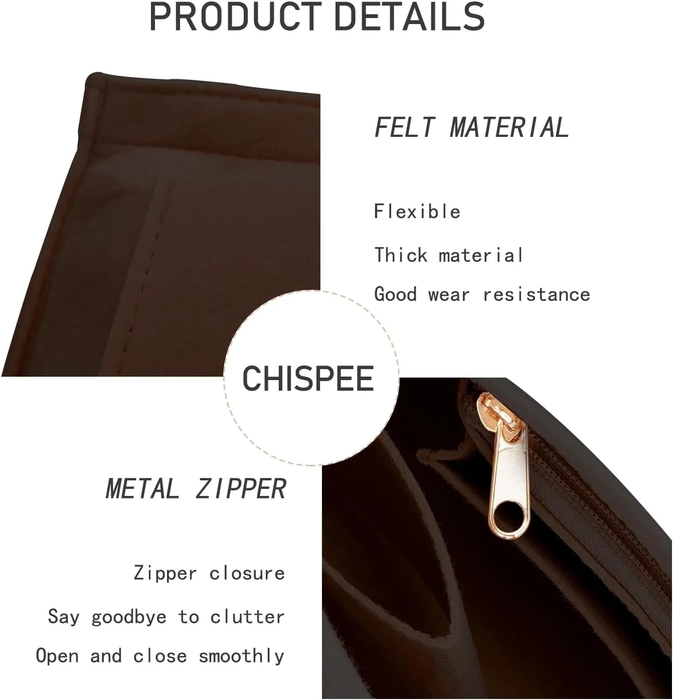 Chispee Handbag Organizers for Longchamp Felt Purse Divider Organizer Insert Pocket & Zipper Inner Bag Liner fit Large, Dark Brown