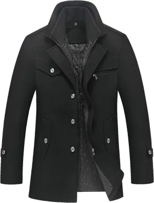 chouyatou Men's Gentle Layered Collar Single Breasted Quilted Lined Wool Blend Pea Coats