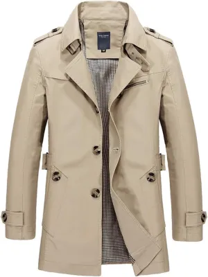 chouyatou Men's Slim Notched Collar Single Breasted Cotton Jacket Office Trench Coat