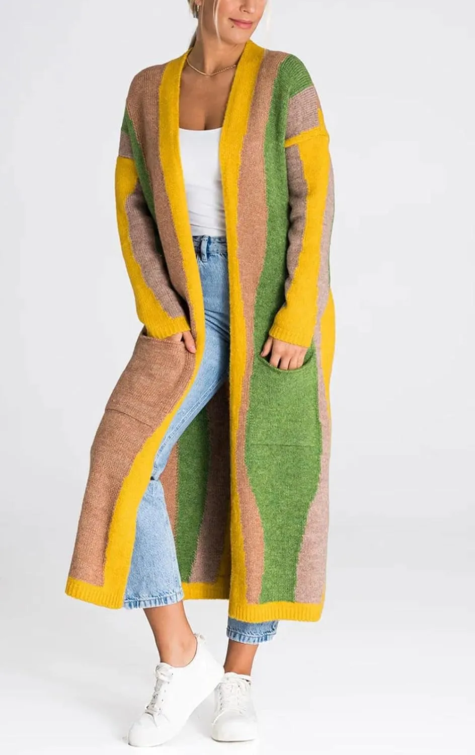 chouyatou Women's Fall Open Front Color Block Long Cardigan Sweater Coat Casual Vertical Striped Coatigan