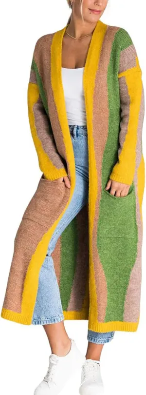 chouyatou Women's Fall Open Front Color Block Long Cardigan Sweater Coat Casual Vertical Striped Coatigan