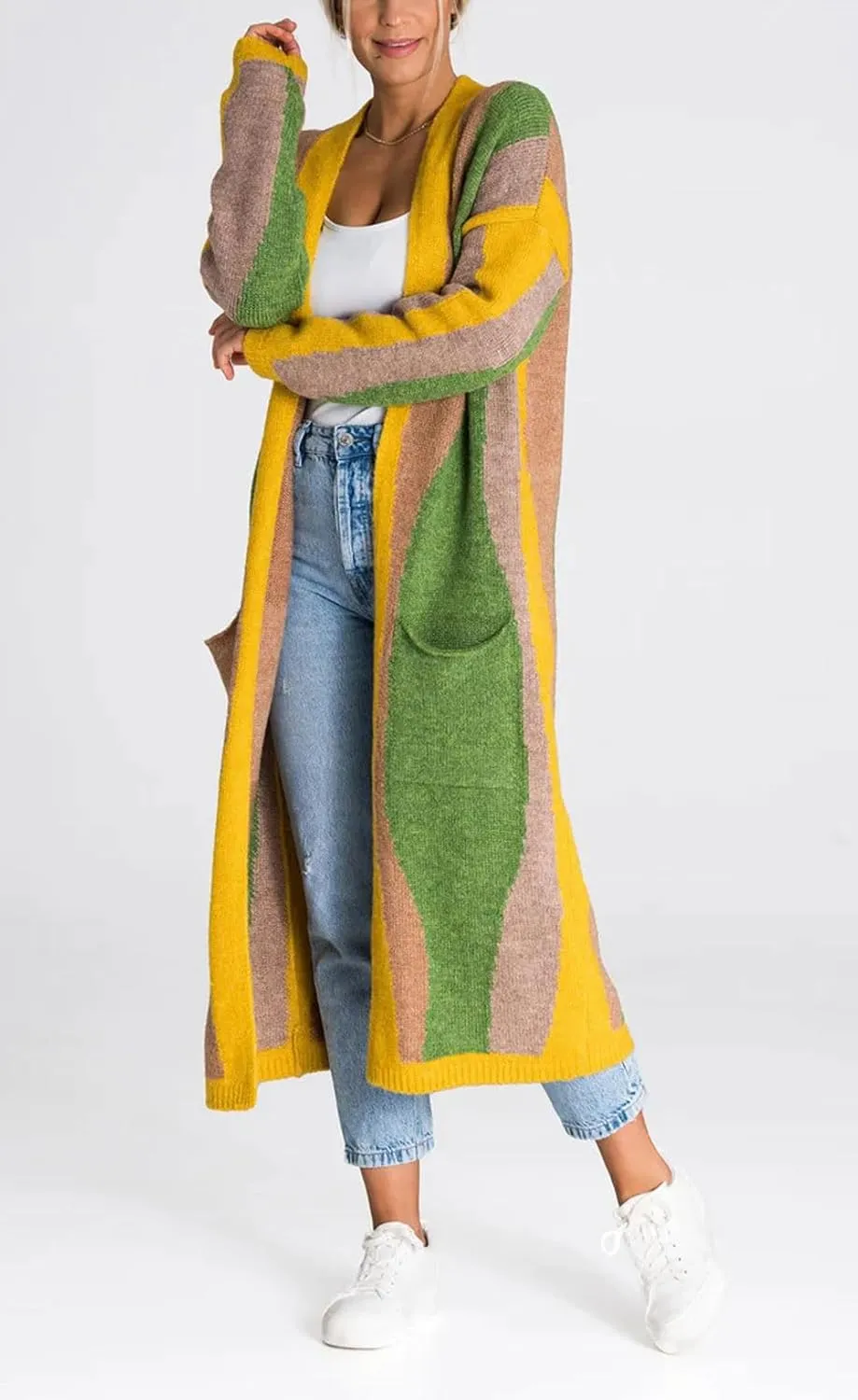 chouyatou Women's Fall Open Front Color Block Long Cardigan Sweater Coat Casual Vertical Striped Coatigan