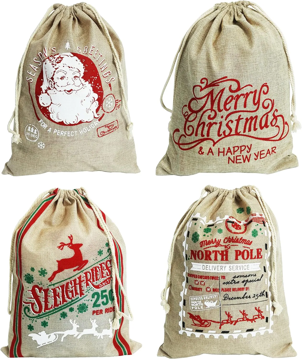Christmas Sacks. 11.8'' X 15.7'' Christmas Burlap Sacks. Xmas Hessian Linen Drawstring Goody Gift Bags. Pack of 4.