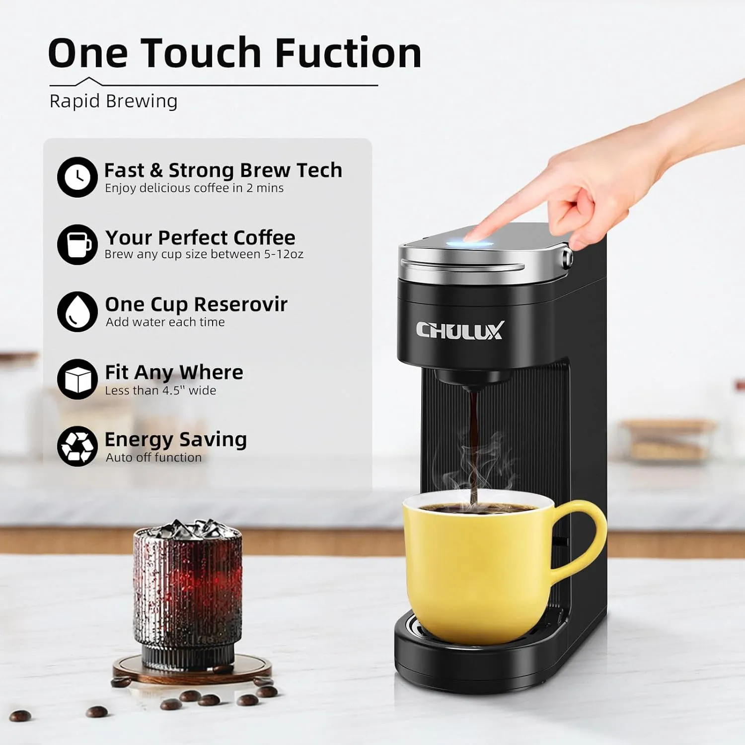 CHULUX Slim Single Serve Coffee Maker for K Cup, Mini Travel One Cup Coffee Machine for Home, Desk, Kitchen and Bedroom, Fits Travel Mug, Matte Black