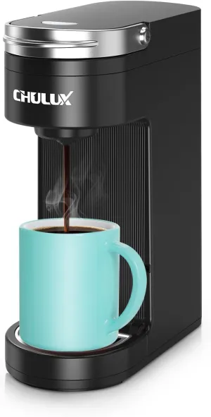 CHULUX Slim Single Serve Coffee Maker for K Cup, Mini Travel One Cup Coffee Machine for Home, Desk, Kitchen and Bedroom, Fits Travel Mug, Matte Black