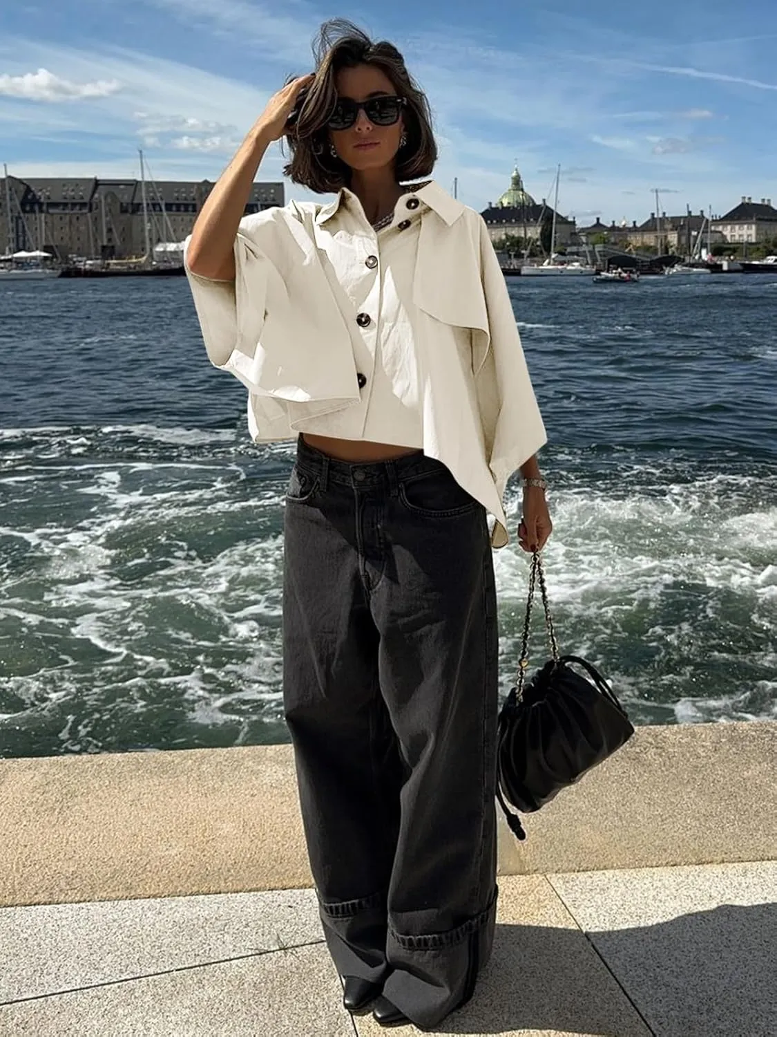 Cicy Bell Womens Oversized Cropped Trench Coats Single Breasted 3/4 Cape Sleeve Trendy Casual Jackets Button up Outerwear