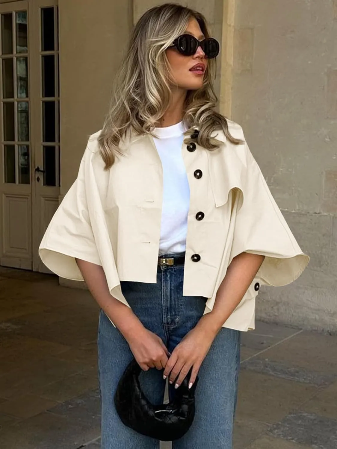 Cicy Bell Womens Oversized Cropped Trench Coats Single Breasted 3/4 Cape Sleeve Trendy Casual Jackets Button up Outerwear