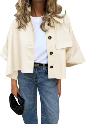 Cicy Bell Womens Oversized Cropped Trench Coats Single Breasted 3/4 Cape Sleeve Trendy Casual Jackets Button up Outerwear