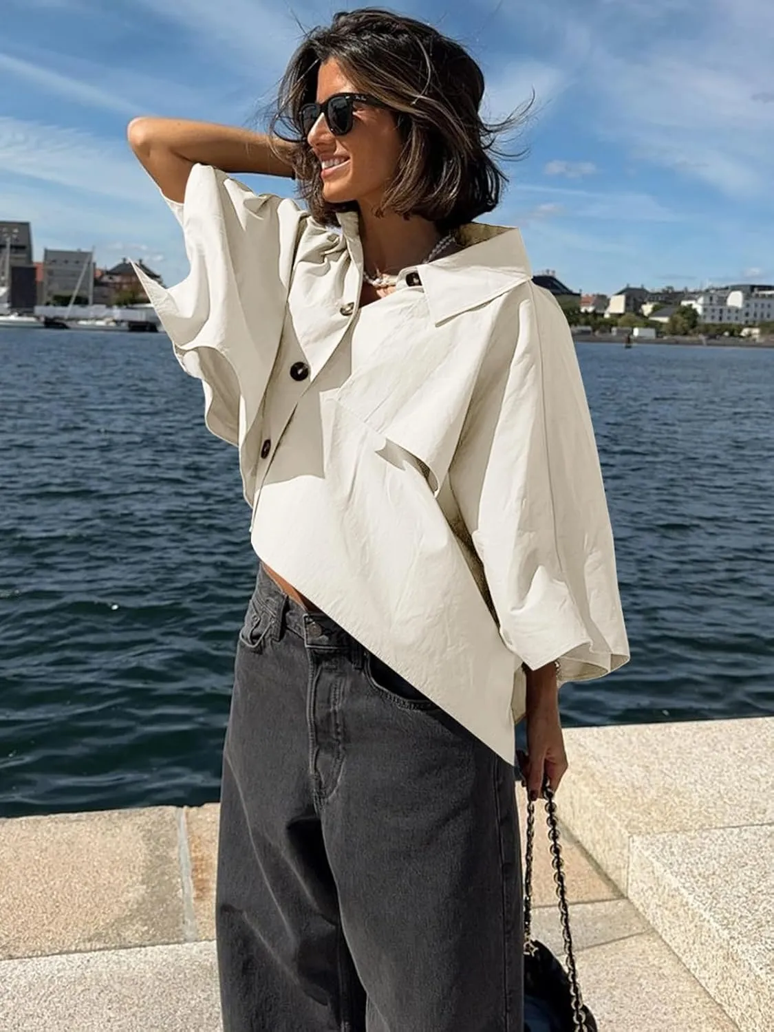 Cicy Bell Womens Oversized Cropped Trench Coats Single Breasted 3/4 Cape Sleeve Trendy Casual Jackets Button up Outerwear