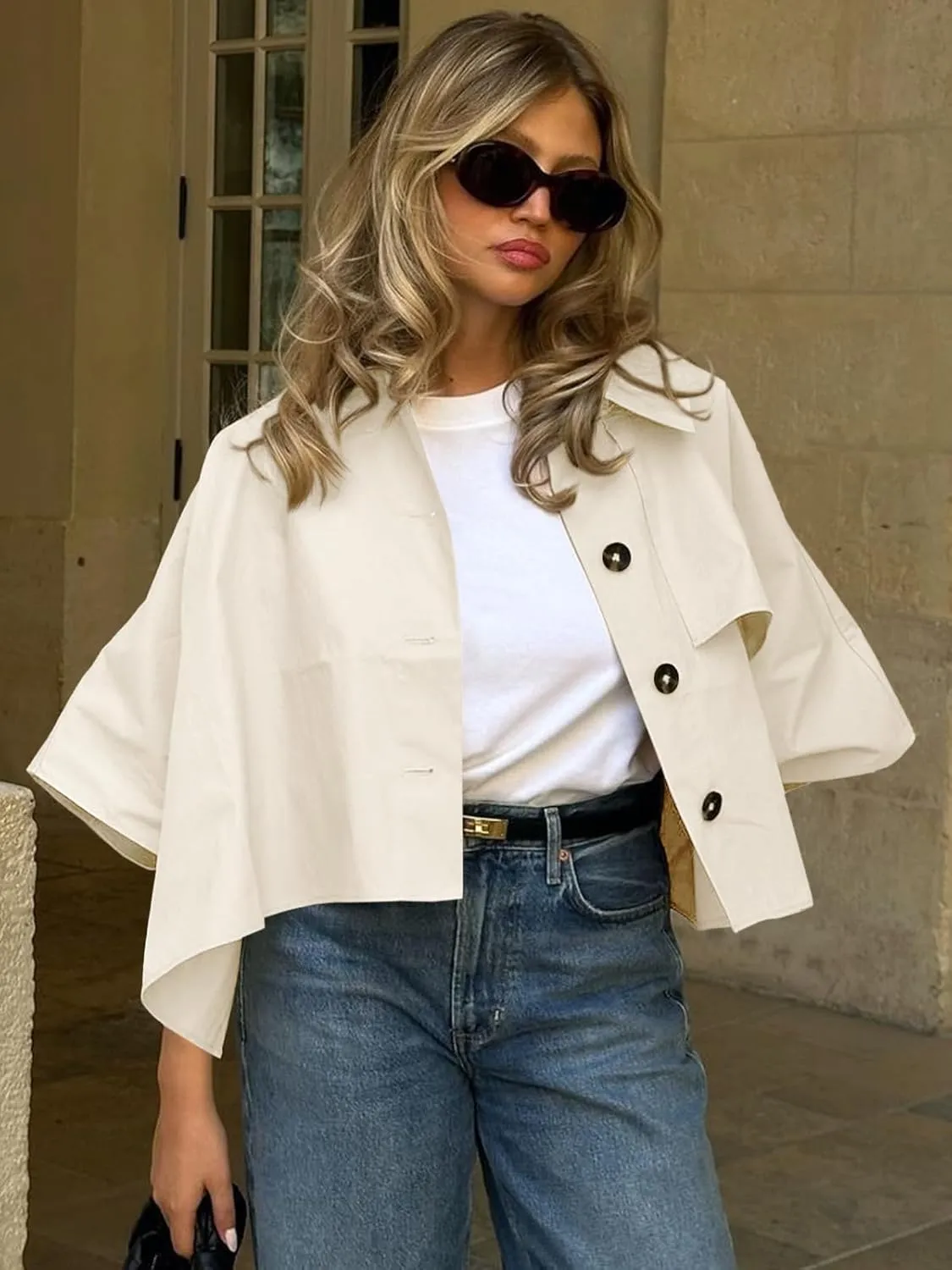 Cicy Bell Womens Oversized Cropped Trench Coats Single Breasted 3/4 Cape Sleeve Trendy Casual Jackets Button up Outerwear