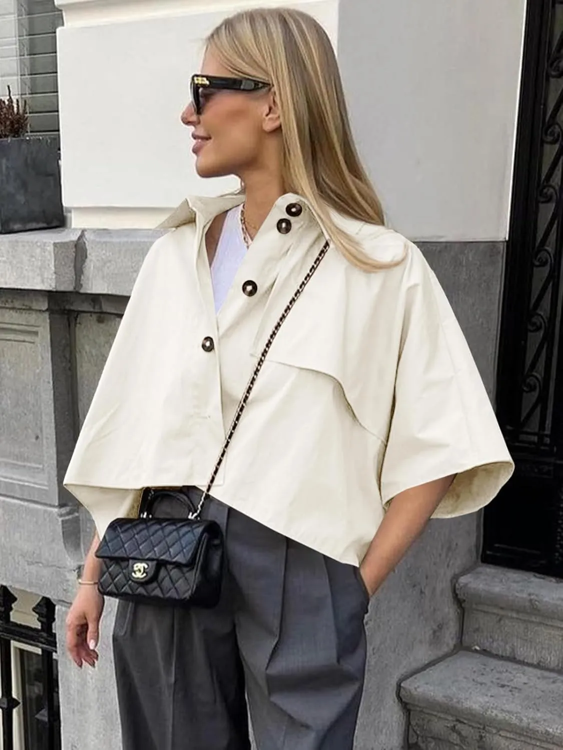 Cicy Bell Womens Oversized Cropped Trench Coats Single Breasted 3/4 Cape Sleeve Trendy Casual Jackets Button up Outerwear
