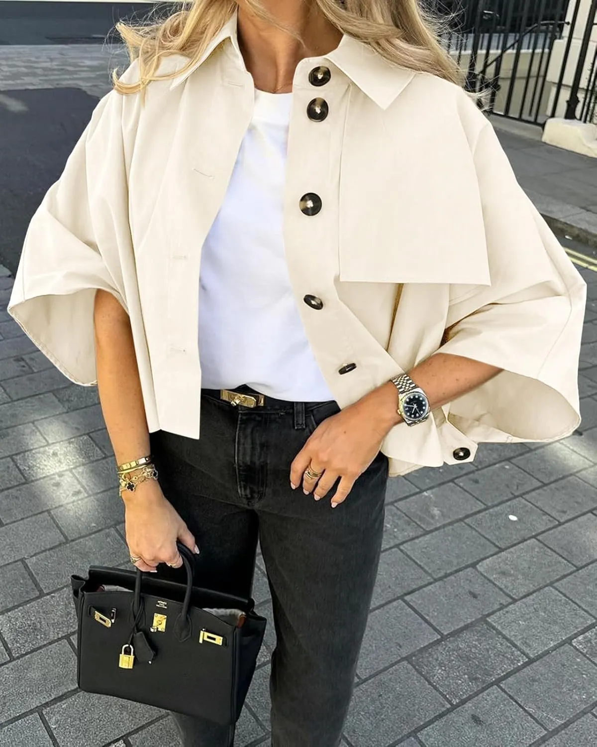 Cicy Bell Womens Oversized Cropped Trench Coats Single Breasted 3/4 Cape Sleeve Trendy Casual Jackets Button up Outerwear