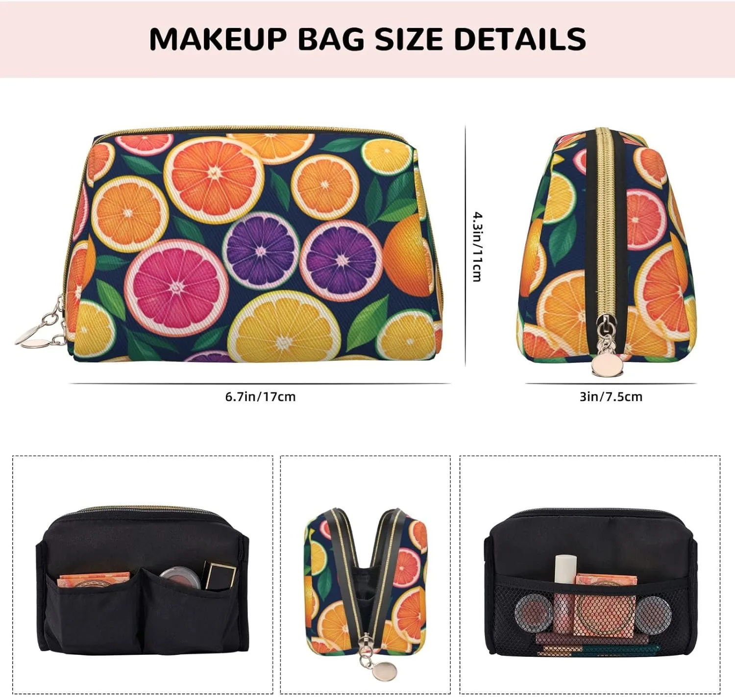 Citrus Fruit Printed Small Makeup Bag,Travel Cosmetic Bag Purse with Zipper,Water-resistant Makeup Organizer Bag for Women
