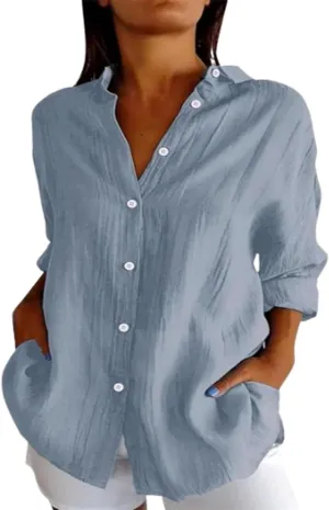 Classic Pleated Textured Single-Breasted Lapel Shirt for Women,Lightweight Roll up Sleeve Button Blouse