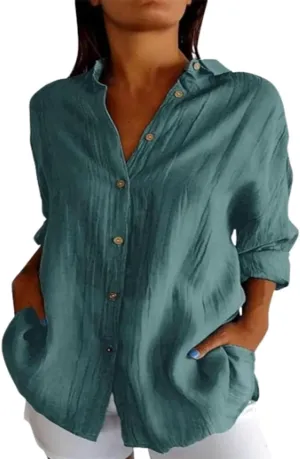 Classic Pleated Textured Single-Breasted Lapel Shirt for Women,Lightweight Roll up Sleeve Button Blouse