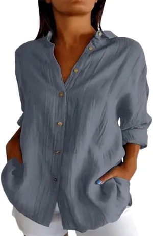 Classic Pleated Textured Single-Breasted Lapel Shirt for Women,Lightweight Roll up Sleeve Button Blouse