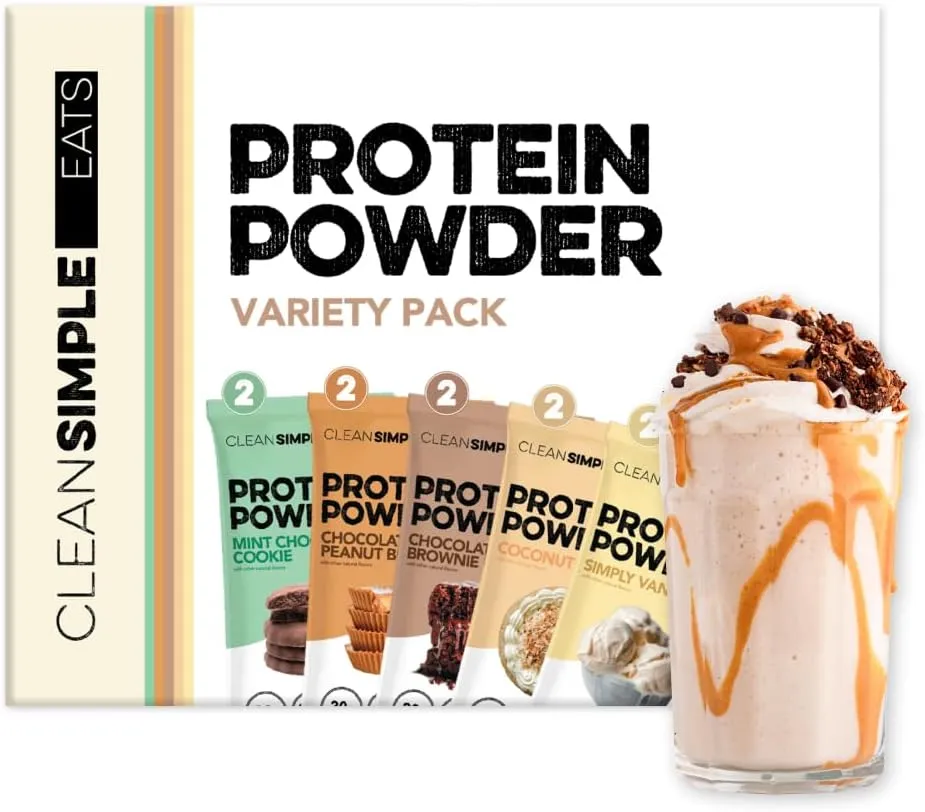 Clean Simple Eats Whey Protein Powder, Variety Pack, Naturally Sweetened Flavors, 100% Grass Fed Protein Powder with Digestive Enzymes & No Artificial Ingredients, Gluten Free, 10 Single Serve Packs