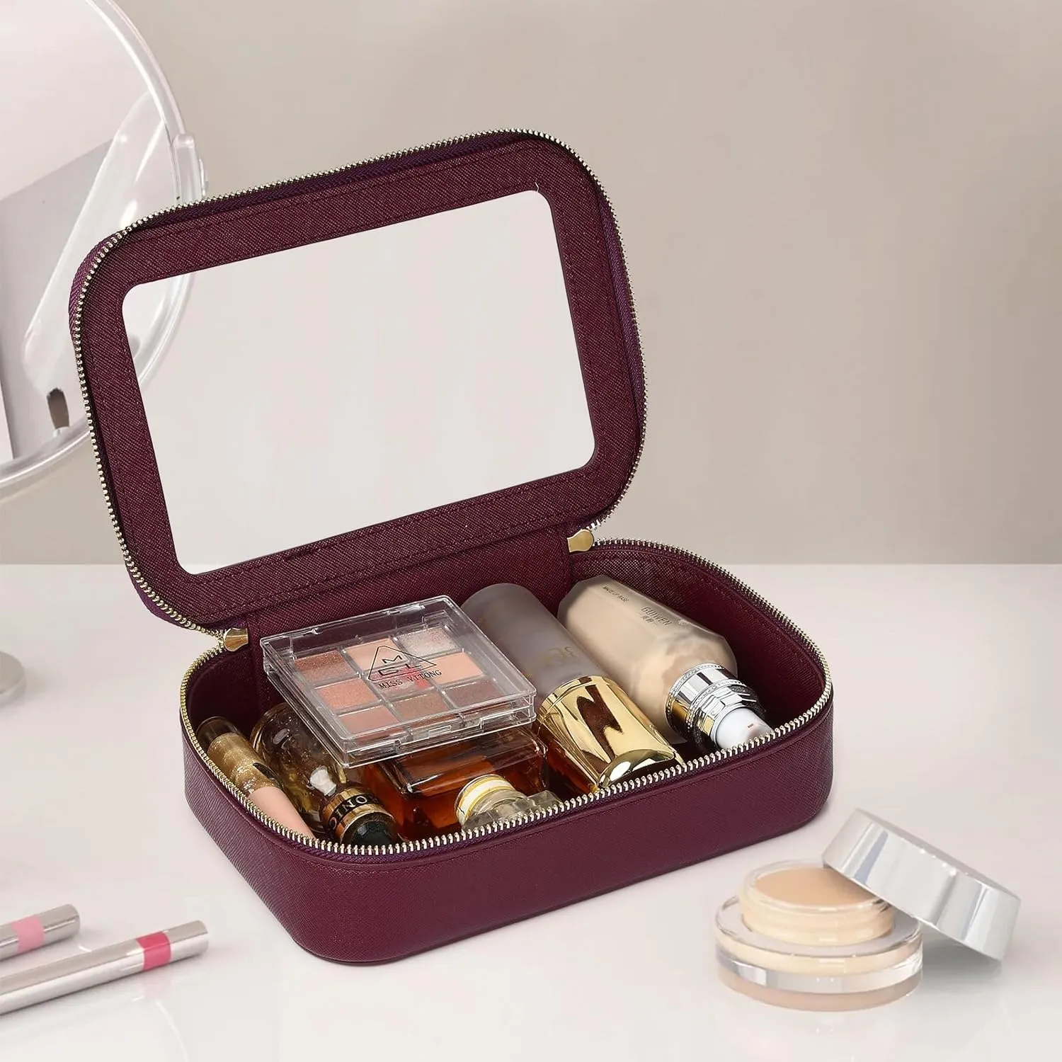 Clear Makeup Bag Small Cosmetic & Toiletry Bag Waterproof Travel Case Women's Pouch Organizer Makeup Bag for Car with Zipper (Burgundy, Small-1)