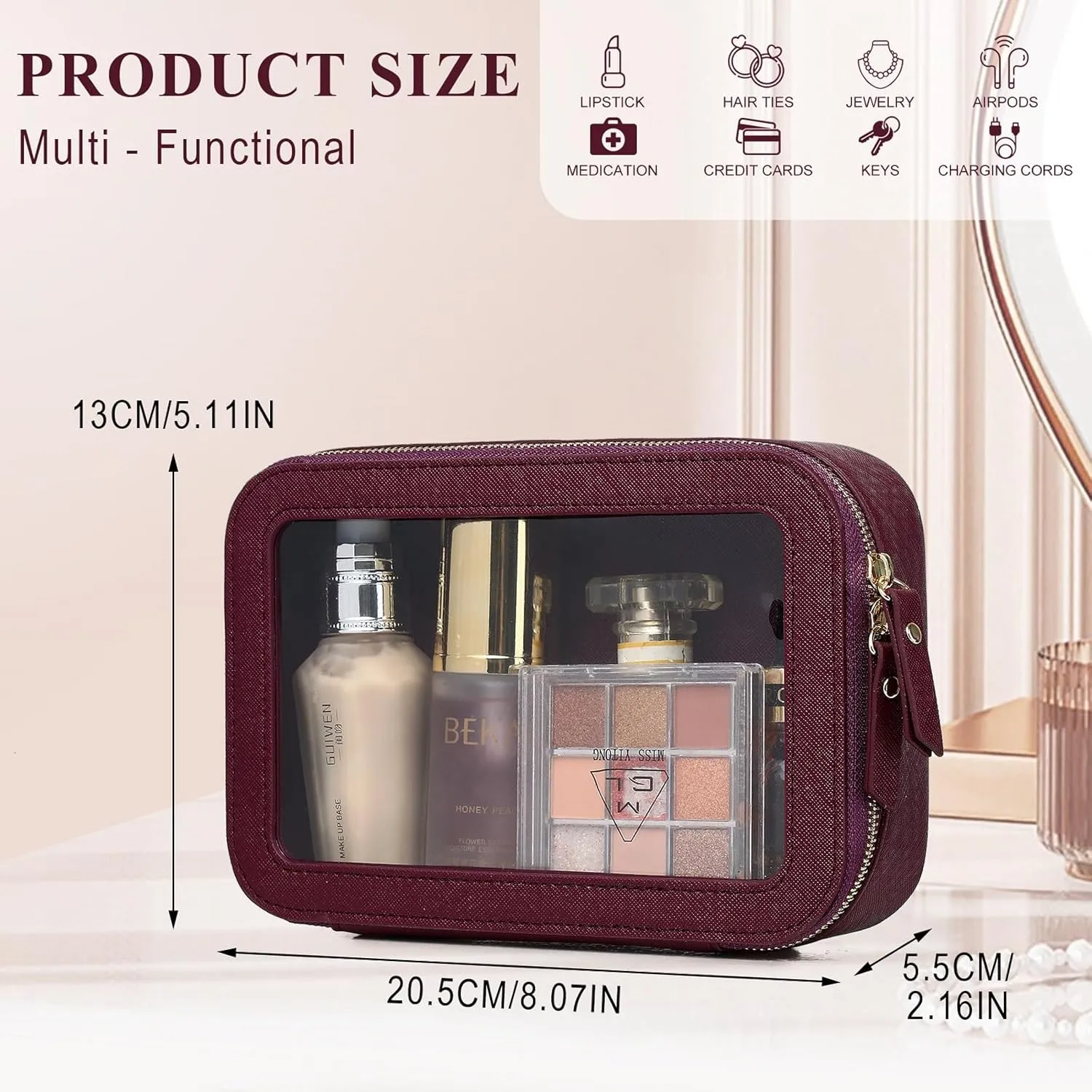 Clear Makeup Bag Small Cosmetic & Toiletry Bag Waterproof Travel Case Women's Pouch Organizer Makeup Bag for Car with Zipper (Burgundy, Small-1)