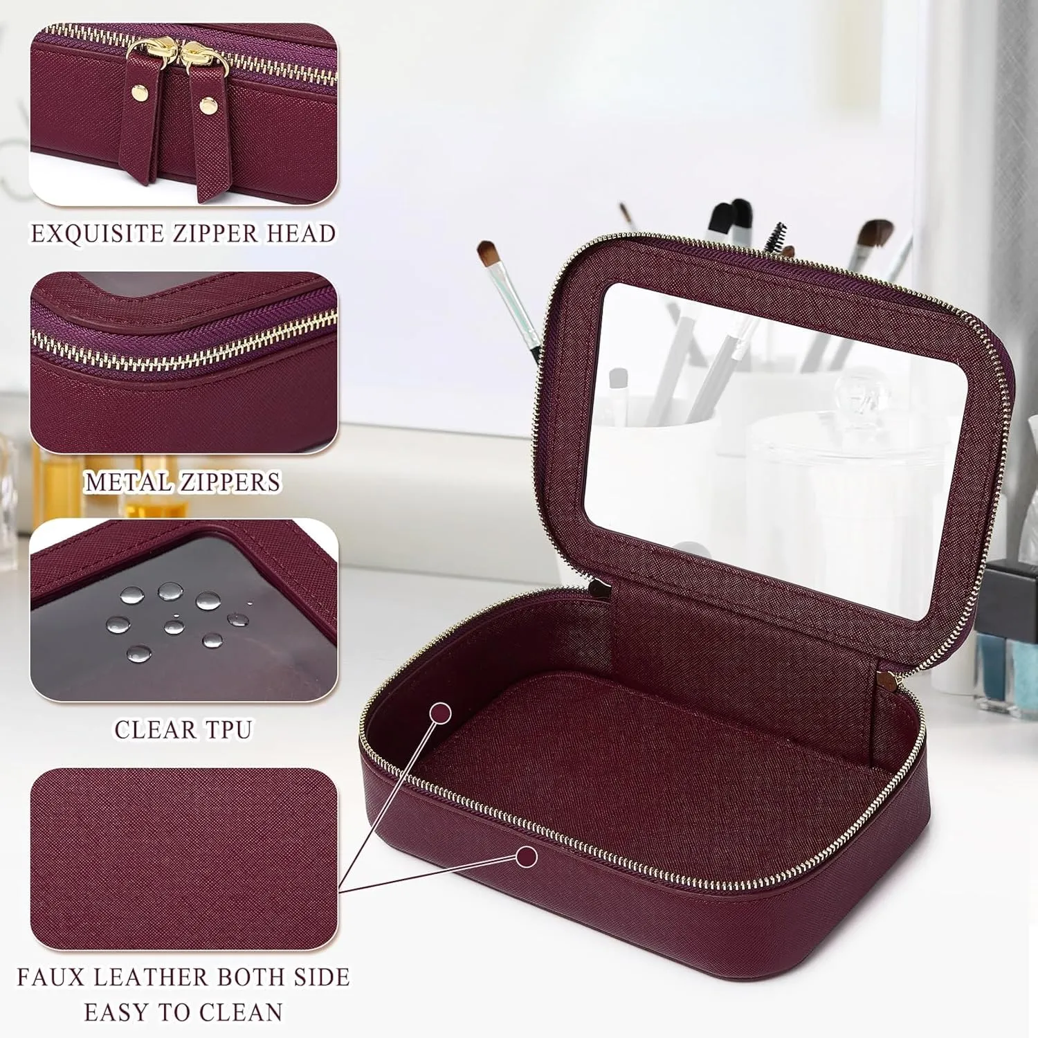 Clear Makeup Bag Small Cosmetic & Toiletry Bag Waterproof Travel Case Women's Pouch Organizer Makeup Bag for Car with Zipper (Burgundy, Small-1)