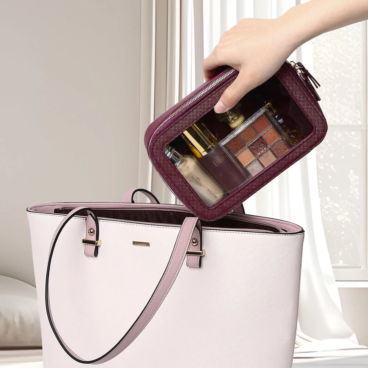Clear Makeup Bag Small Cosmetic & Toiletry Bag Waterproof Travel Case Women's Pouch Organizer Makeup Bag for Car with Zipper (Burgundy, Small-1)