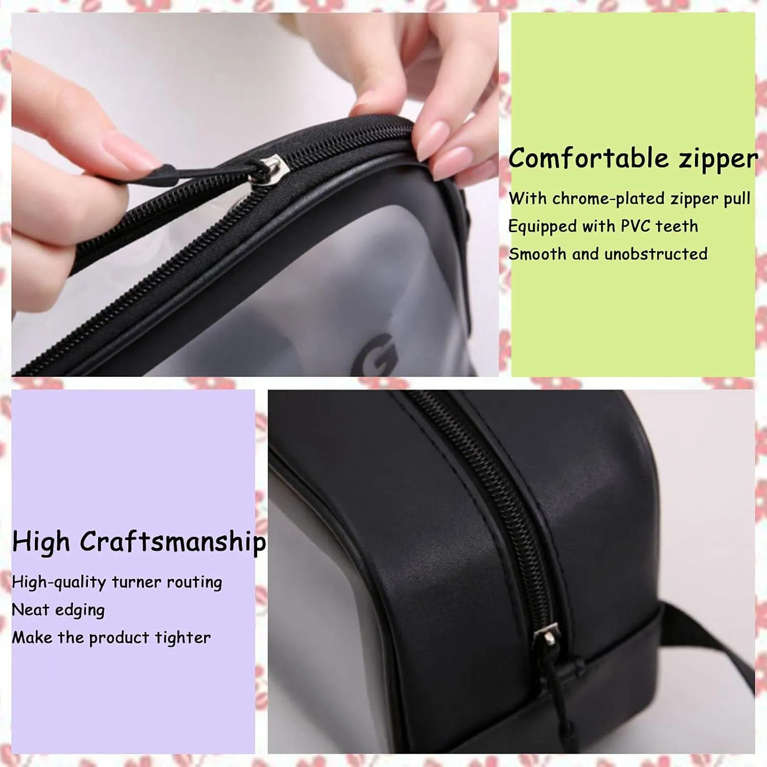 Clear Travel Bags for Toiletries, 3Pcs Portable PVC Waterproof Cosmetic Bags, Transparent Travel Storage Carry Pouch, Toiletry Bags and Cosmetics Organizer for Women Men (Black)