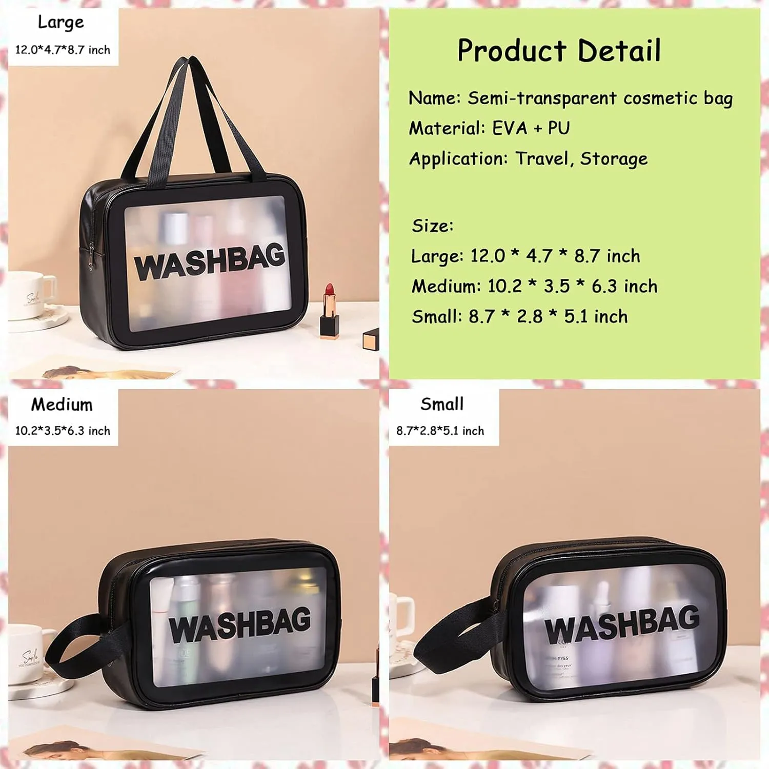 Clear Travel Bags for Toiletries, 3Pcs Portable PVC Waterproof Cosmetic Bags, Transparent Travel Storage Carry Pouch, Toiletry Bags and Cosmetics Organizer for Women Men (Black)
