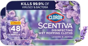 Clorox Scentiva Disinfecting Wet Mop Pad, Disposable Mop Heads, Multi-Surface Floor Wipes, Lavender and Jasmine, 2 Packs, 24 Wet Refills Per Pack (Package May Vary)