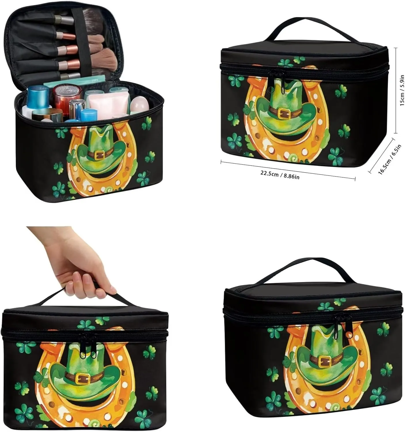 COEQINE 3 Pieces Set Makeup Bag for Women Travel Set Toiletries Bag St. Patrick'S Day Hat Gold Horse Hoof Double Layer Cosmetic Case With Handles Leather Coin Purse With Zipper
