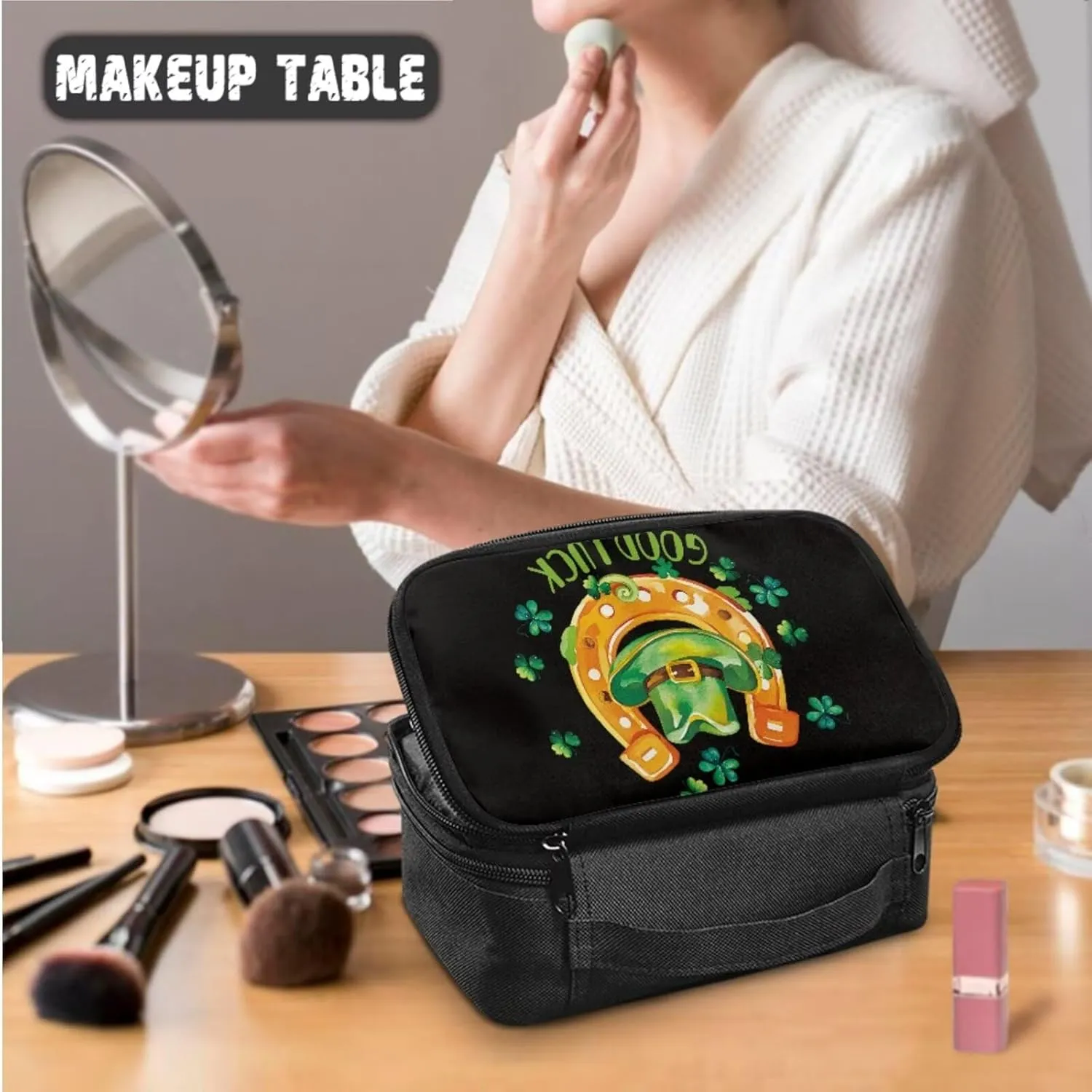 COEQINE 3 Pieces Set Makeup Bag for Women Travel Set Toiletries Bag St. Patrick'S Day Hat Gold Horse Hoof Double Layer Cosmetic Case With Handles Leather Coin Purse With Zipper