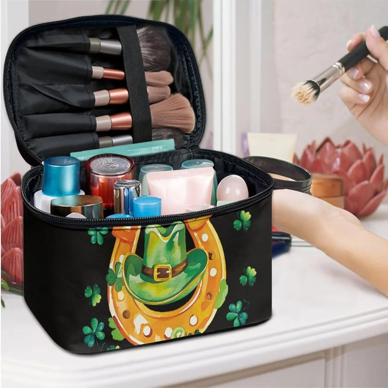 COEQINE 3 Pieces Set Makeup Bag for Women Travel Set Toiletries Bag St. Patrick'S Day Hat Gold Horse Hoof Double Layer Cosmetic Case With Handles Leather Coin Purse With Zipper