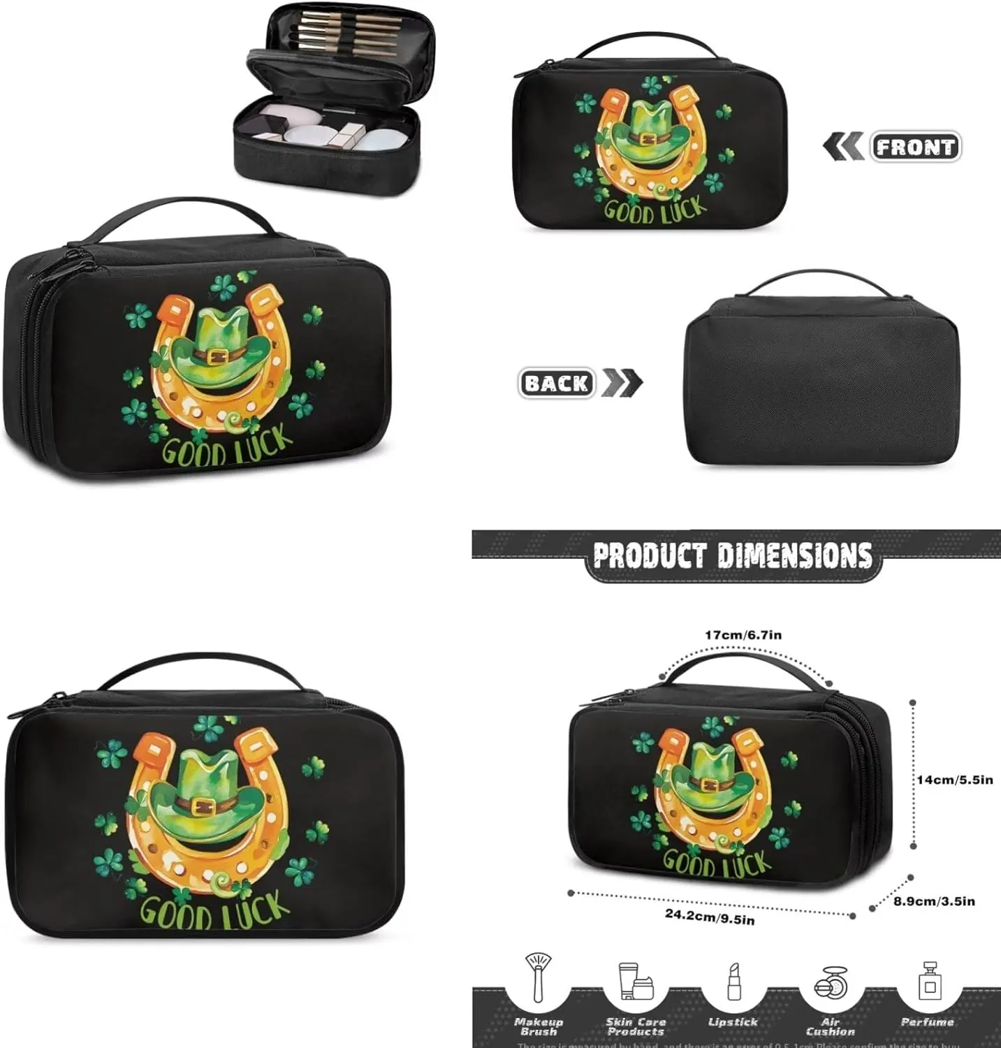 COEQINE 3 Pieces Set Makeup Bag for Women Travel Set Toiletries Bag St. Patrick'S Day Hat Gold Horse Hoof Double Layer Cosmetic Case With Handles Leather Coin Purse With Zipper