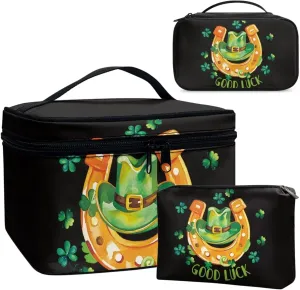 COEQINE 3 Pieces Set Makeup Bag for Women Travel Set Toiletries Bag St. Patrick'S Day Hat Gold Horse Hoof Double Layer Cosmetic Case With Handles Leather Coin Purse With Zipper