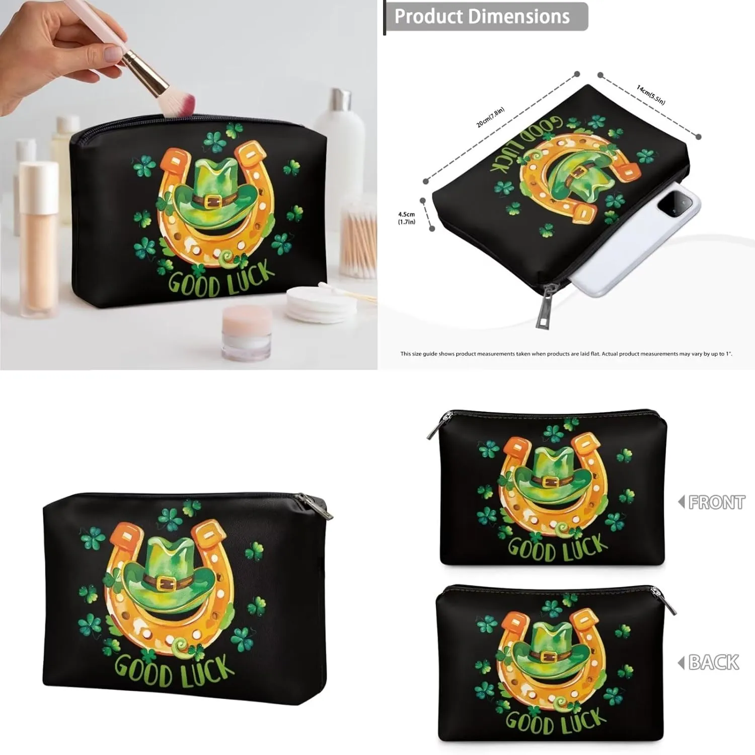 COEQINE 3 Pieces Set Makeup Bag for Women Travel Set Toiletries Bag St. Patrick'S Day Hat Gold Horse Hoof Double Layer Cosmetic Case With Handles Leather Coin Purse With Zipper