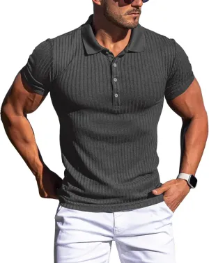 Collared Muscle Polo Shirts Men Slim Fit Textured Knit Polo Shirts Short Sleeve Button Down Shirts Casual Stylish