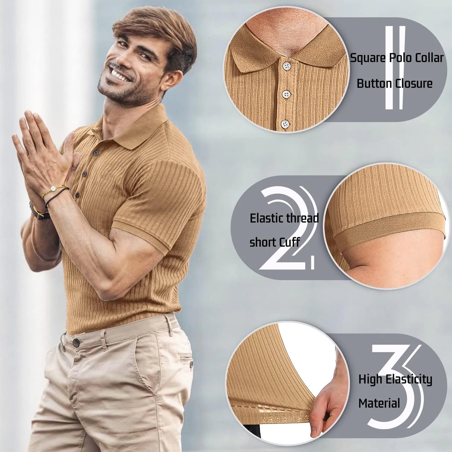 Collared Muscle Polo Shirts Men Slim Fit Textured Knit Polo Shirts Short Sleeve Button Down Shirts Casual Stylish