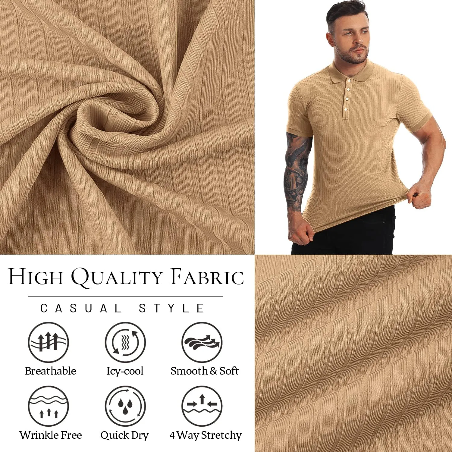 Collared Muscle Polo Shirts Men Slim Fit Textured Knit Polo Shirts Short Sleeve Button Down Shirts Casual Stylish