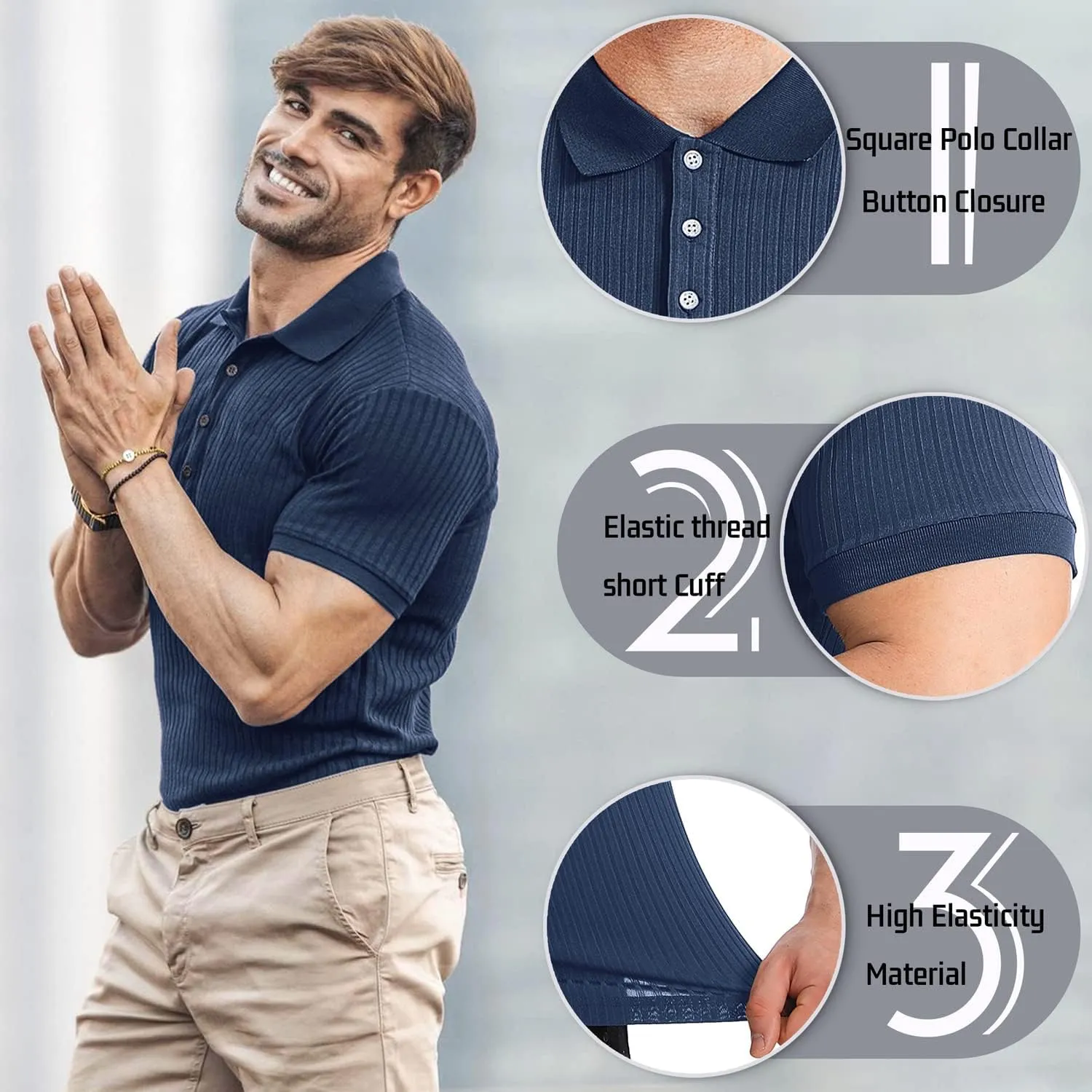 Collared Muscle Polo Shirts Men Slim Fit Textured Knit Polo Shirts Short Sleeve Button Down Shirts Casual Stylish
